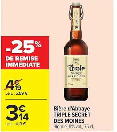 Bière d'Abbaye TRIPLE SECRET DES MOINES Blonde, 8% vol., 75 cl.