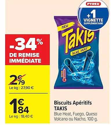 Biscuits Apéritifs TAKIS Blue Heat, Fuego, Queso Volcano ou Nacho, 100 g