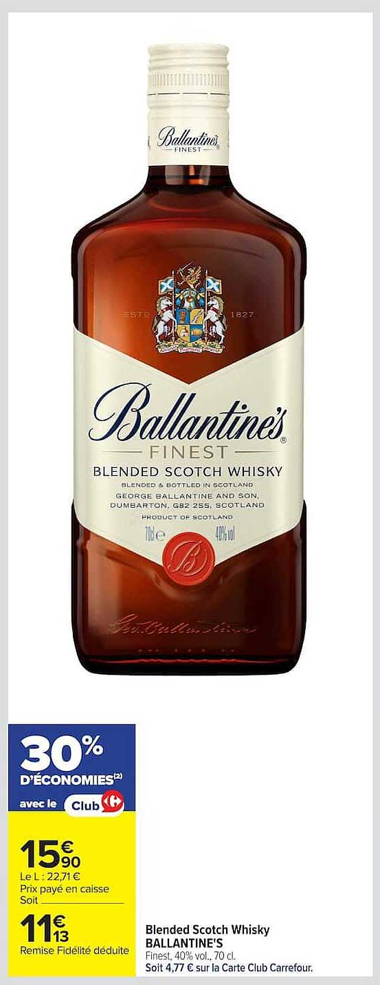 Blended Scotch Whisky BALLANTINE'S Finest, 40% vol., 70 cl. Soit 4,77 € sur la Carte Club Carrefour.
