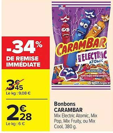 Bonbons CARAMBAR Mix Electric Atomic, Mix Pop, Mix Fruity, ou Mix Cool, 380 g.