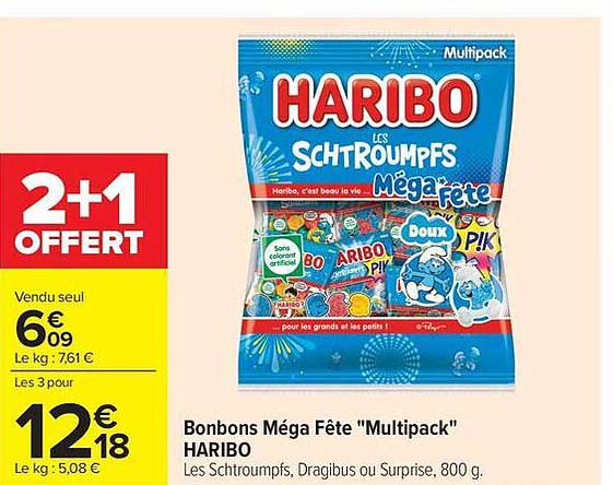 Bonbons Méga Fête "Multipack" HARIBO Les Schtroumpfs, Dragibus ou Surprise, 800 g.