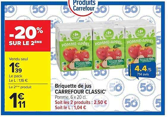 Briquette de jus CARREFOUR CLASSIC' Pomme, 6 x 20 cl