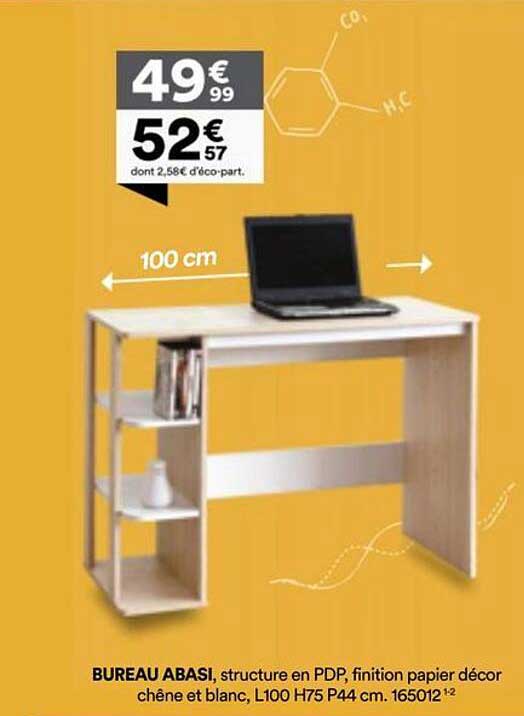 BUREAU ABASI, structure en PDP, finition papier décor chêne et blanc, L100 H75 P44 cm. 165012