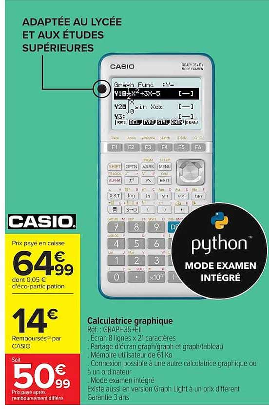 Calculatrice graphique CASIO Graph 35+E II - Mode examen intégré