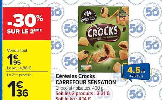 Céréales Crocks CARREFOUR SENSATION Chocolat noisettes, 400 g.