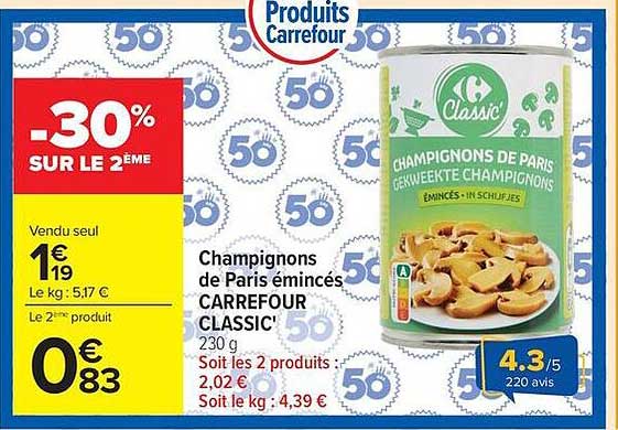 Champignons de Paris émincés CARREFOUR CLASSIC'