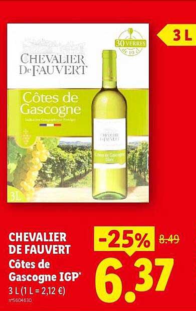 CHEVALIER DE FAUVERT Côtes de Gascogne IGP* 3 L (1 L = 2,12 €)