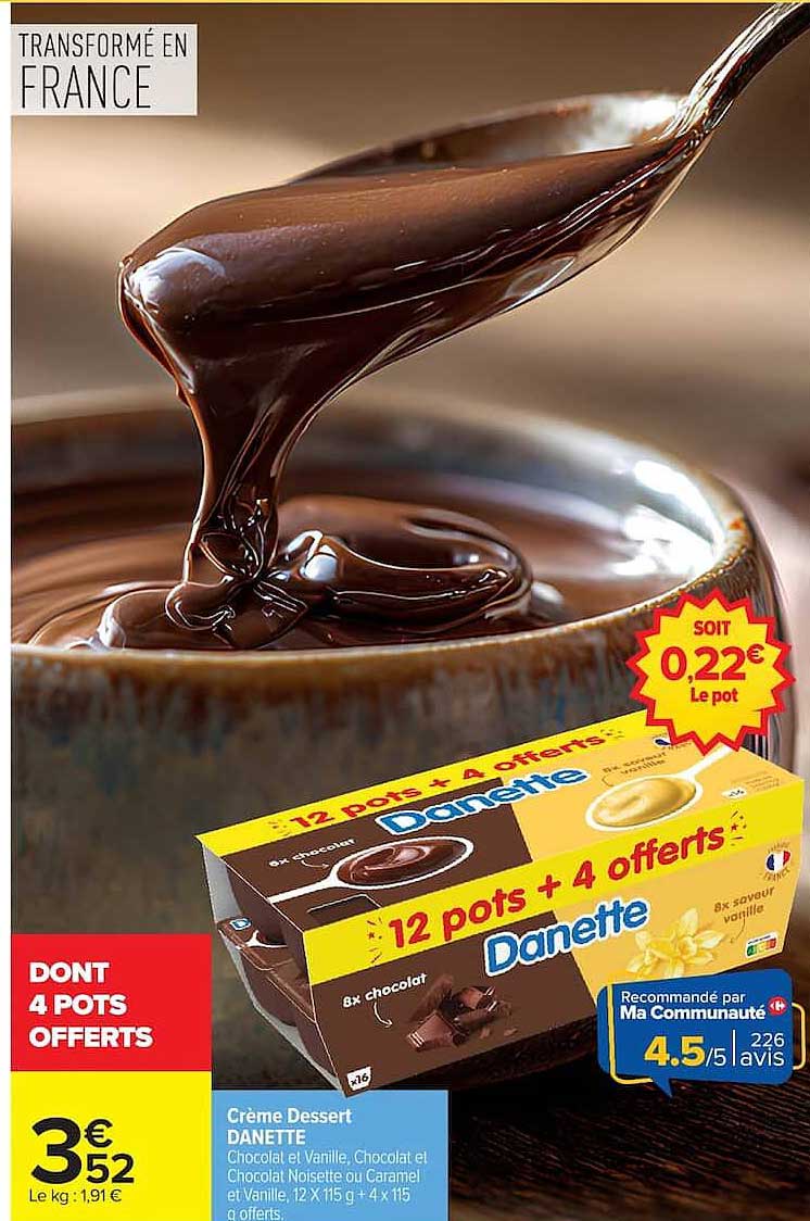Crème Dessert DANETTE Chocolat et Vanille, Chocolat et Chocolat Noisette ou Caramel et Vanille, 12 X 115 g + 4 X 115 g offerts