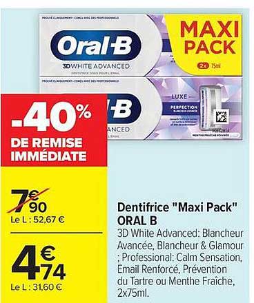 Dentifrice "Maxi Pack" ORAL B 3D White Advanced: Blancheur Avancée, Blancheur & Glamour, Professional: Calm Sensation, Email Repair, Prévention du Tartre ou Menthe Fraîche, 2x75ml.