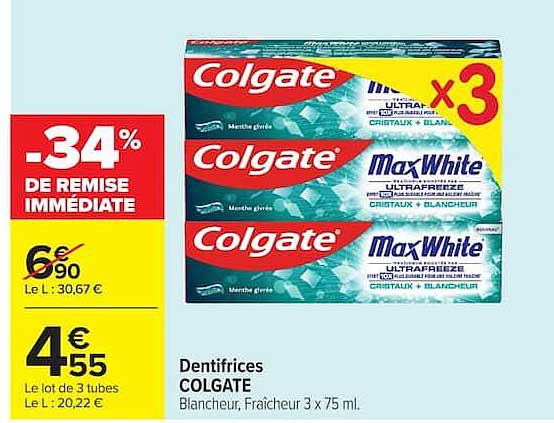 Dentifrices COLGATE Blancheur, Fraîcheur 3 x 75 ml
