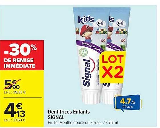 Dentifrices Enfants SIGNAL Fruité, Menthe douce ou Fraise, 2 x 75 ml. LOT X2