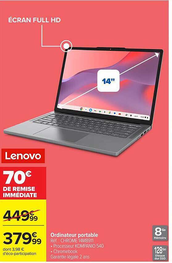 Écran Full HD - Lenovo - Ordinateur portable - Réf. : CHROME 14M8911 - Processeur KOMPANIO 540 - Chromebook - Garantie légale 2 ans