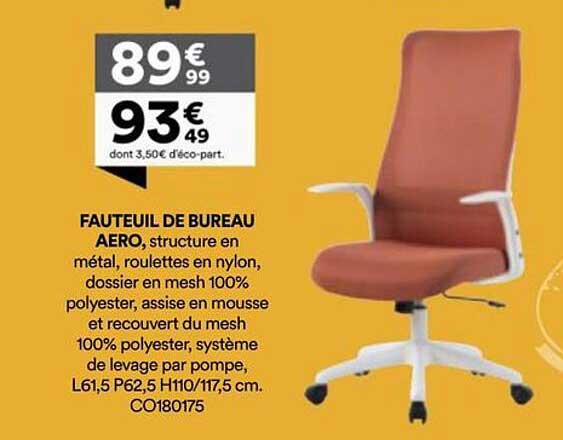 FAUTEUIL DE BUREAU AERO, structure en métal, roulettes en nylon, dossier en mesh 100% polyester, assise en mousse et recouvert du mesh 100% polyester, système de levage par pompe, L61,5 P62,5 H110/117,5 cm. CO180175