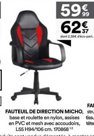 FAUTEUIL DE DIRECTION MICHO, base et roulette en nylon, assises en PVC et mesh avec accoudoirs, L55 H94/106 cm, 17086-1²