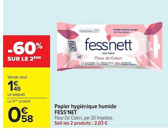 FESS'NET Fleur De Coton, par 20 lingettes. Soit les 2 produits : 2,03 €