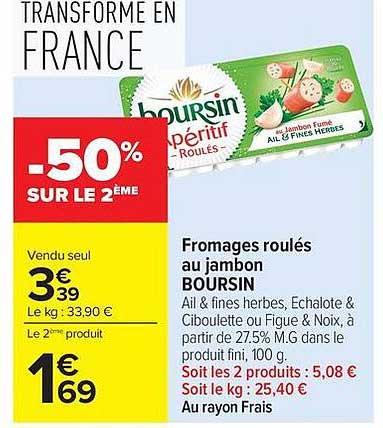 Fromages roulés au jambon BOURSIN Ail & fines herbes, Echalote & Ciboulette ou Figue & Noix