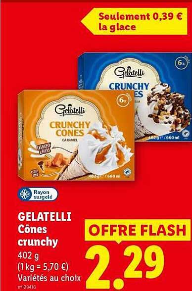 GELATELLI Cônes crunchy 402 g (1 kg = 5,70 €) Variétés au choix
