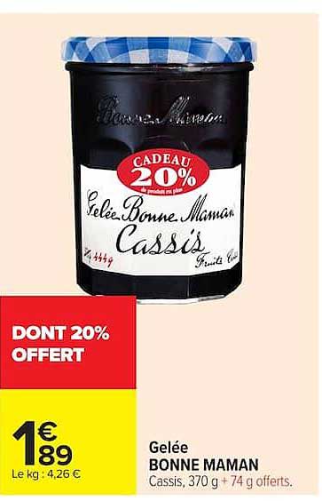 Gelée BONNE MAMAN Cassis, 370 g + 74 g offerts.