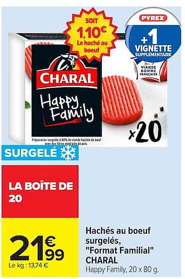 Hachés au boeuf surgelés, "Format Familial" CHARAL Happy Family, 20 x 80 g