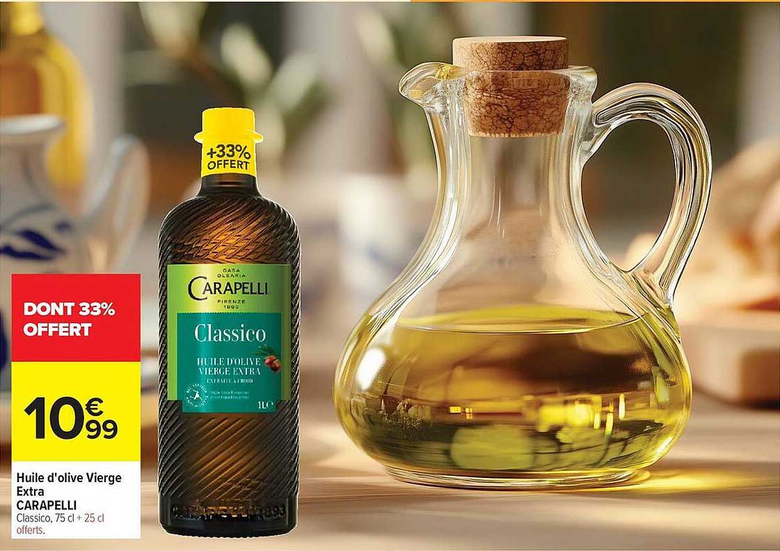 Huile d'olive Vierge Extra CARAPELLI Classico, 75 cl + 25 cl offerts.