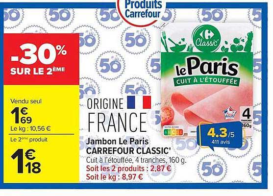 Jambon Le Paris CARREFOUR CLASSIC' Cuit à l'étouffée, 4 tranches, 160 g.