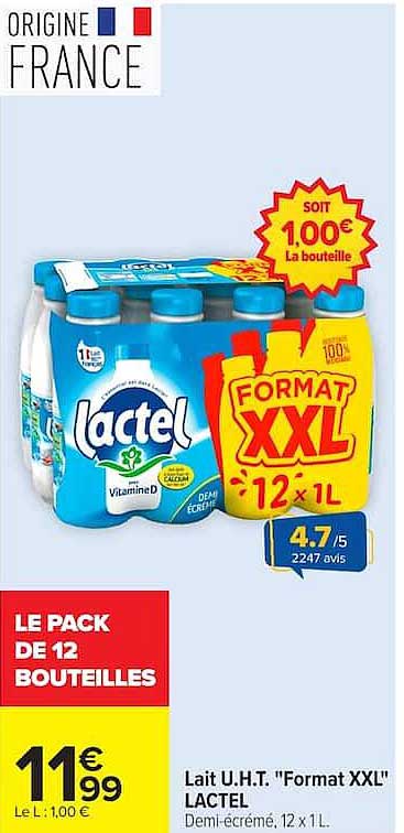 Lait U.H.T. "Format XXL" LACTEL Demi-écrémé, 12 x 1L.