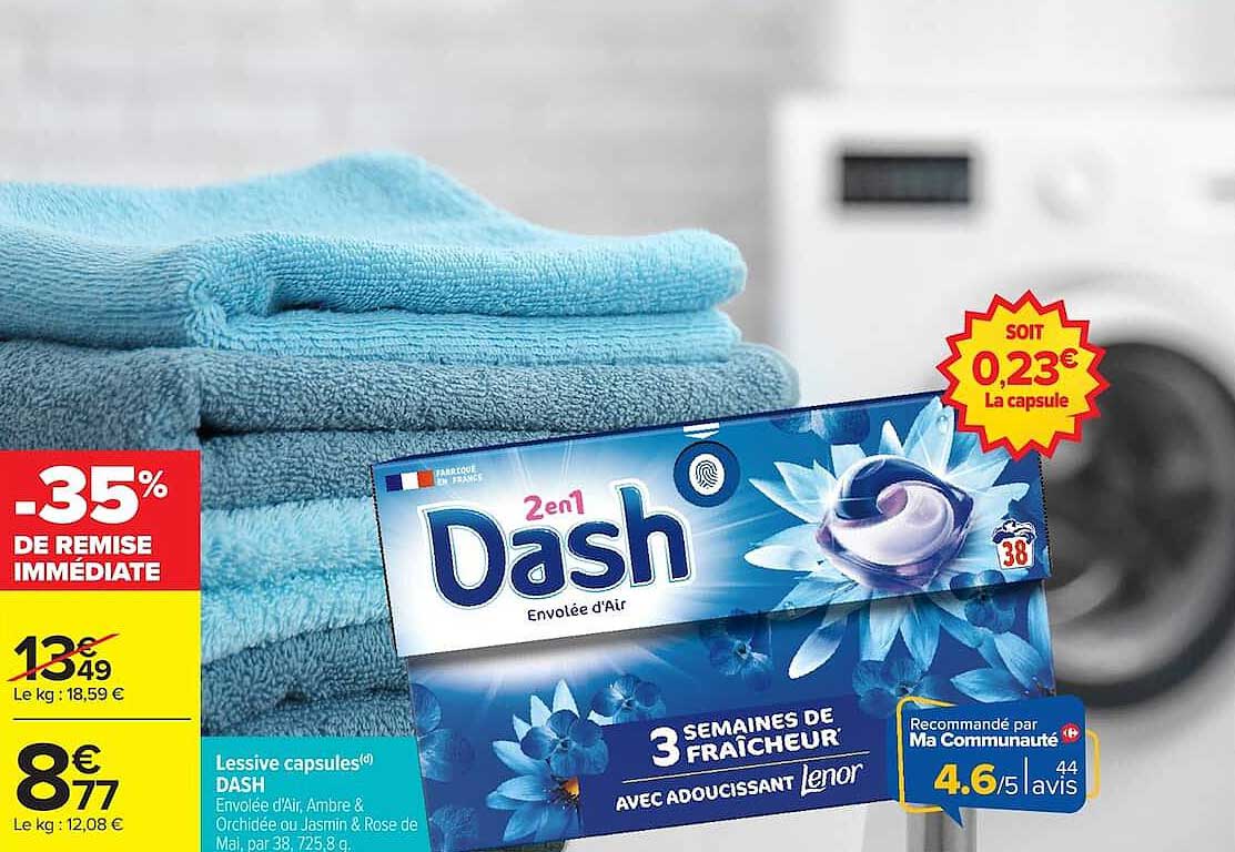 Lessive capsules DASH Envolée d’Air, Ambre & Orchidée ou Jasmin & Rose de Mars, par 38, 725,8 g