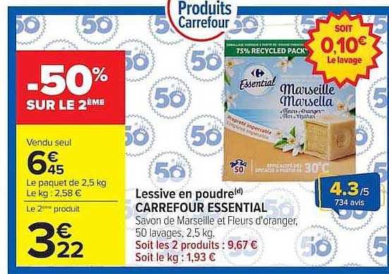 Lessive en poudre CARREFOUR ESSENTIAL Savon de Marseille et Fleurs d'oranger, 50 lavages