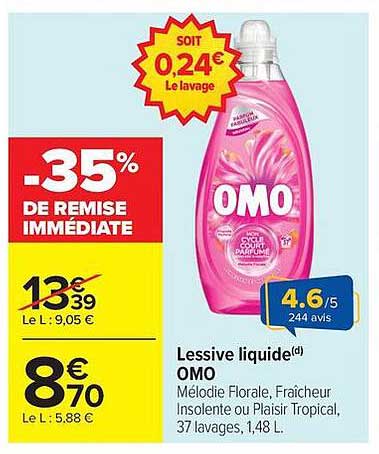 Lessive liquide OMO Mélodie Florale, Fraîcheur Insolente ou Plaisir Tropical, 37 lavages, 1,48 L