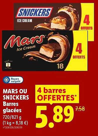 MARS OU SNICKERS Barres glacées 720/821 g (1 kg = 8,18 €)