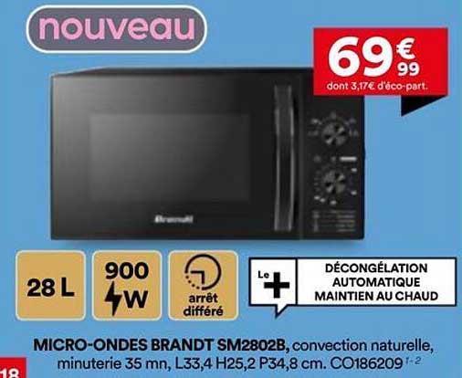 MICRO-ONDES BRANDT SM2802B, convection naturelle, minuterie 35 mn, L33,4 H25,2 P34,8 cm. CO186209