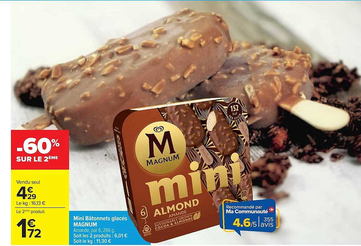Mini Bâtonnets glacés MAGNUM Amande, par 6, 266 g