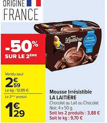 Mousse Irrésistible LA LAITIERE Chocolat au Lait ou Chocolat Noir, 4 x 50 g.