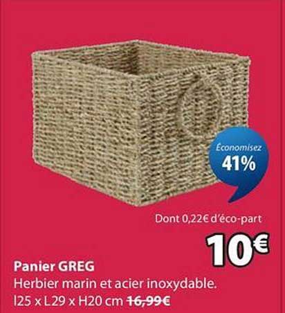 Panier GREG Herbier marin et acier inoxydable. 125 x L29 x H20 cm