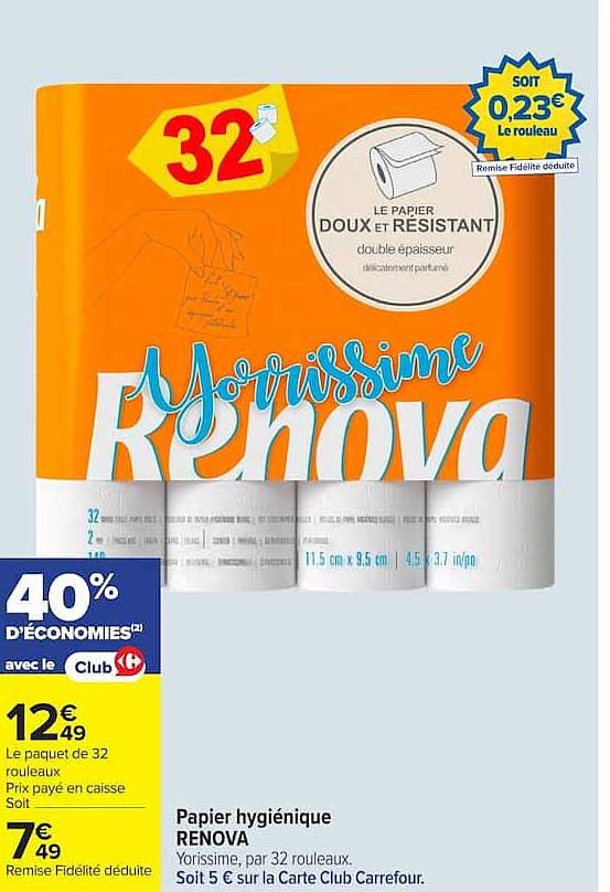Papier hygiénique RENOVA Yorisimme, par 32 rouleaux