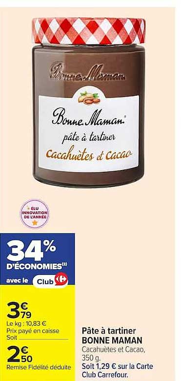 Pâte à tartiner BONNE MAMAN Cacahuètes et Cacao, 350 g.