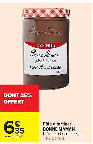 Pâte à tartiner BONNE MAMAN Noisettes et Cacao, 580 g + 145 g offerts.