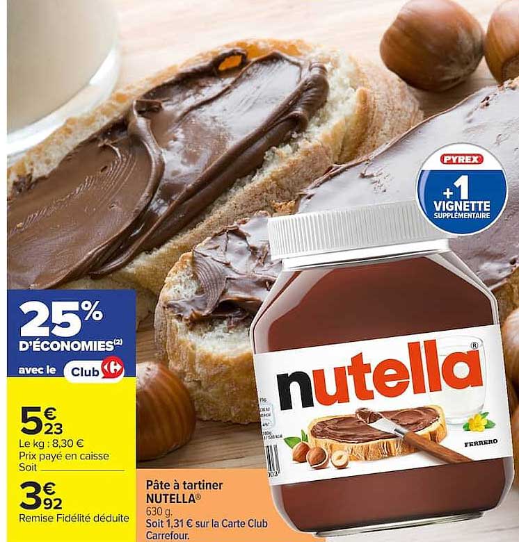 Pâte à tartiner NUTELLA® 630 g, Soit 1,31 € sur la Carte Club Carrefour.