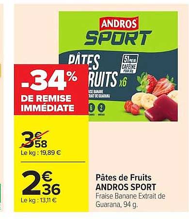 Pâtes de Fruits ANDROS SPORT Fraise Banane Extrait de Guarana, 94 g.