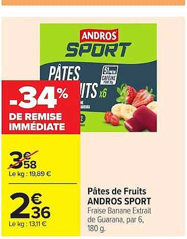 Pâtes de Fruits ANDROS SPORT Fraise Banane Extrait de Guarana, par 6, 180 g.