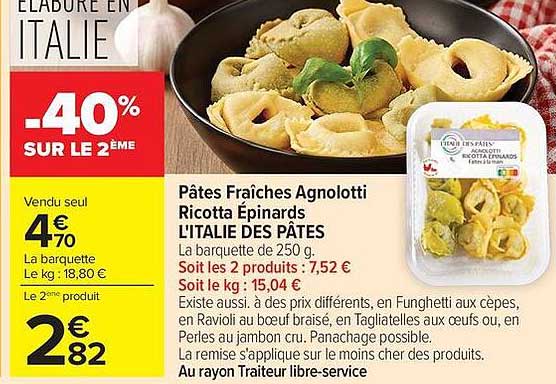 Pâtes Fraîches Agnolotti Ricotta Épinards L'ITALIE DES PÂTES