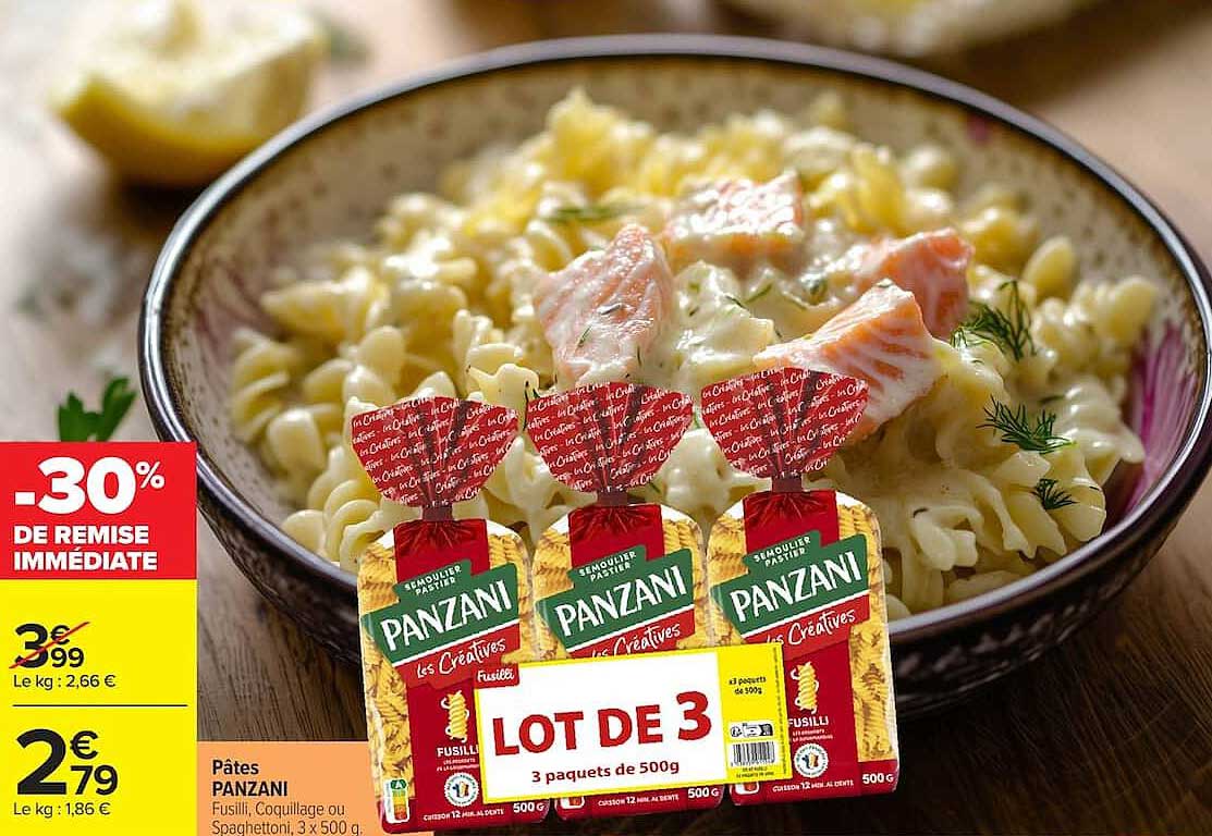 Pâtes PANZANI Fusilli, Coquillage ou Spaghettini, 3 x 500 g