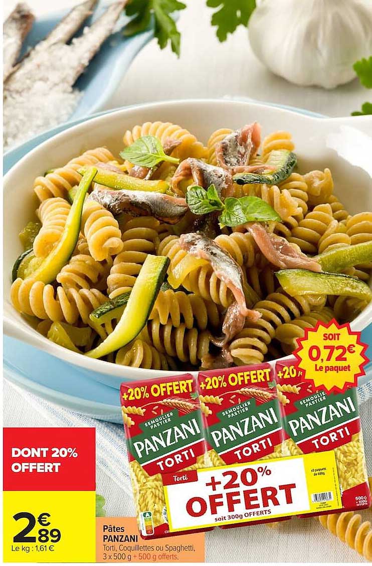 Pâtes PANZANI Torti, Coquillettes ou Spaghetti, 3 x 500 g + 500 g offerts
