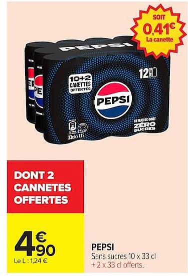 PEPSI Sans sucres 10 x 33 cl + 2 x 33 cl offerts