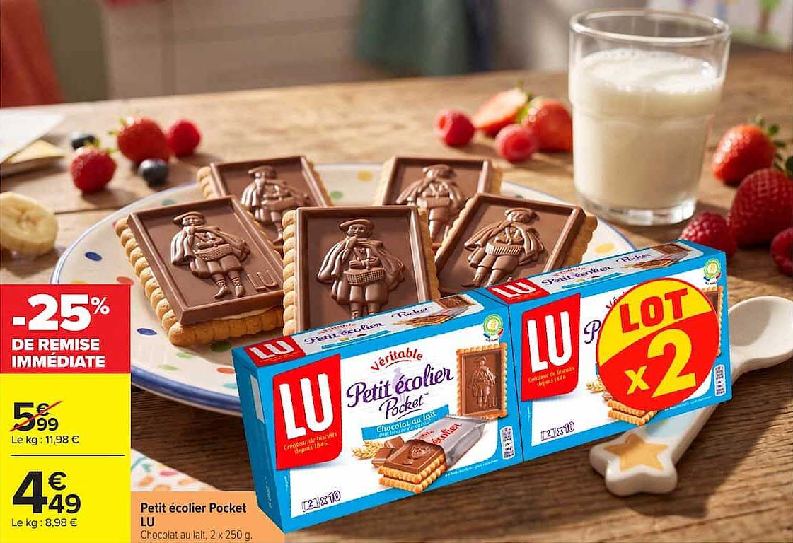 Petit écolier Pocket LU Chocolat au lait, 2 x 250 g
