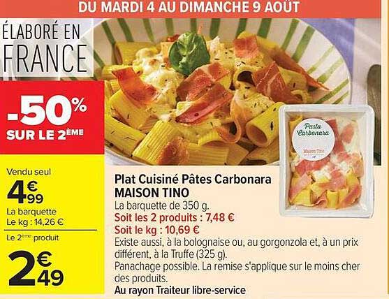 Plat Cuisiné Pâtes Carbonara MAISON TINO