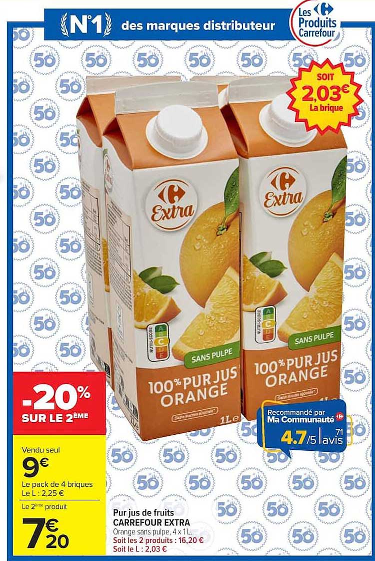 Pur jus de fruits CARREFOUR EXTRA Orange sans pulpe, 4 x 1 L