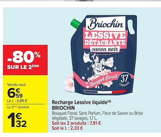 Recharge Lessive liquide BRIOCHIN Bouquet Floral, Sans Parfum, Fleur de Savon ou Brise Végétale, 37 lavages, 1,7 L