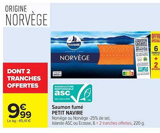 SAUMON FUMÉ PETIT NAVIRE NORVÈGE OU ISLANDE ASC OU ECOSSE, 6 + 2 TRANCHES OFFERTES, 220 G