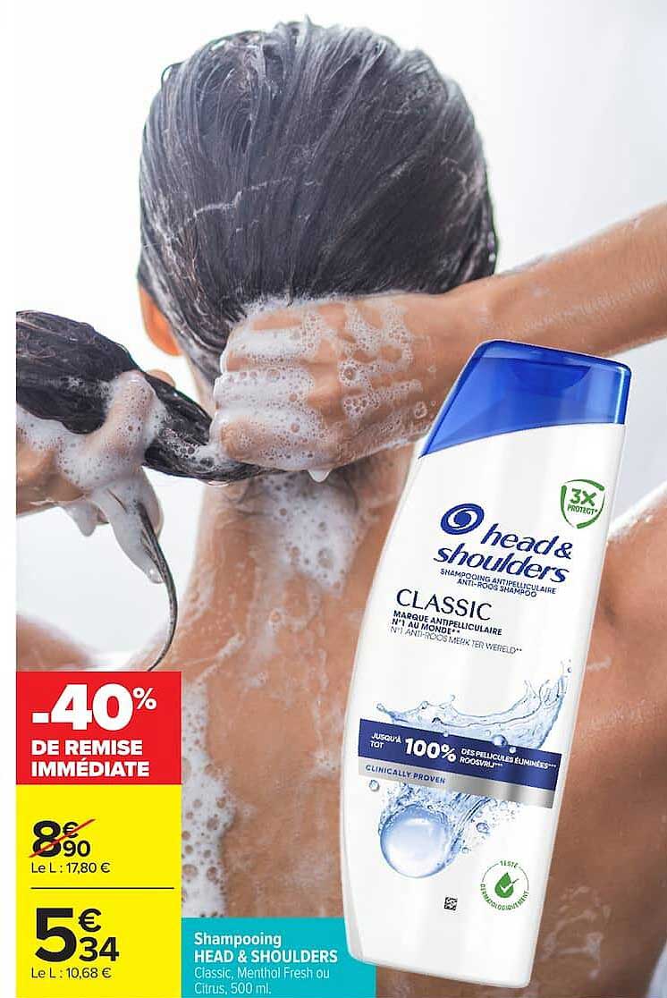 Shampooing HEAD & SHOULDERS Classic, Menthol Fresh ou Citrus, 500 ml.